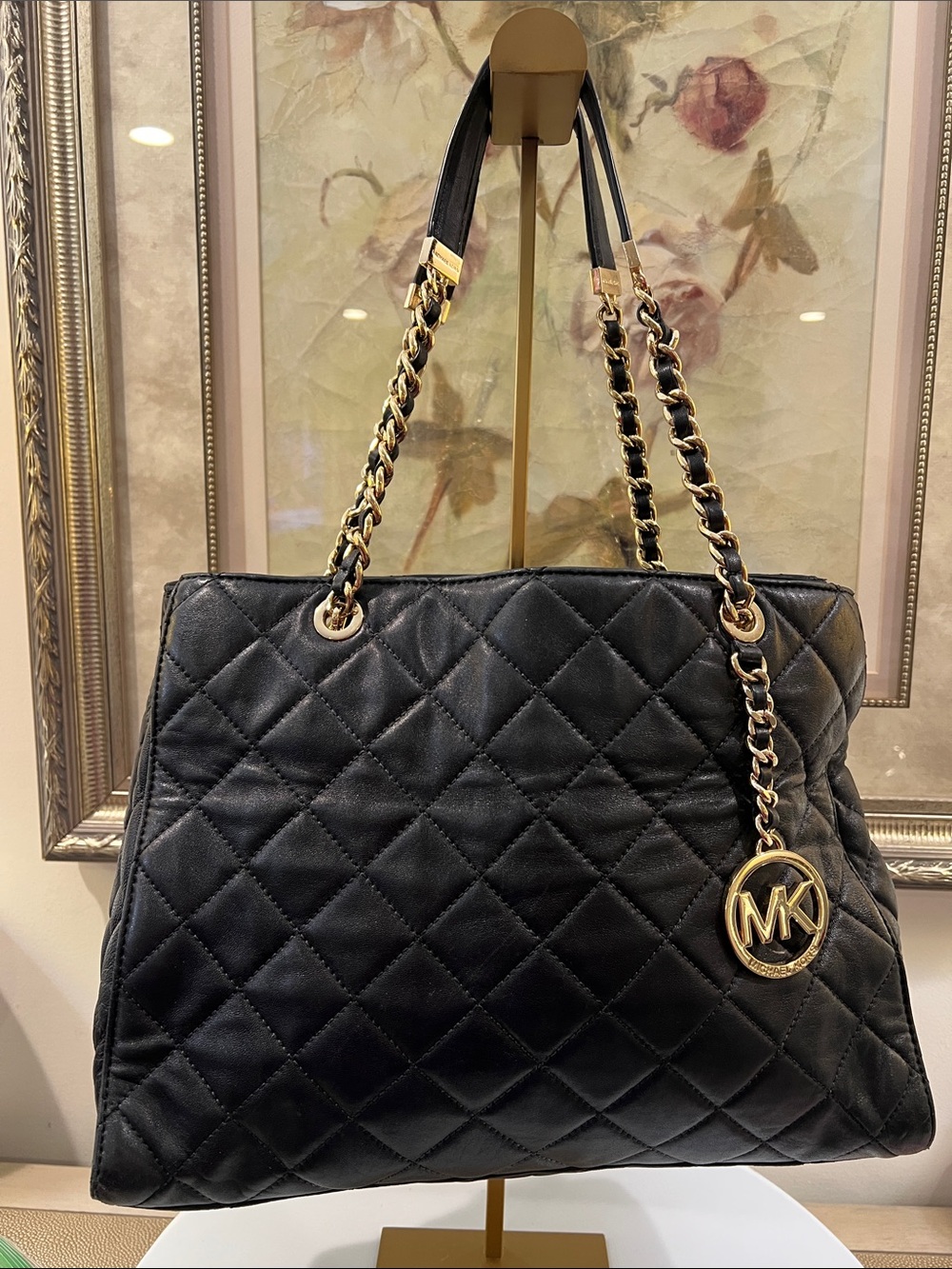 MICHAEL Michael Kors Black Quilted Shoulder Bag with Gold Hardware
